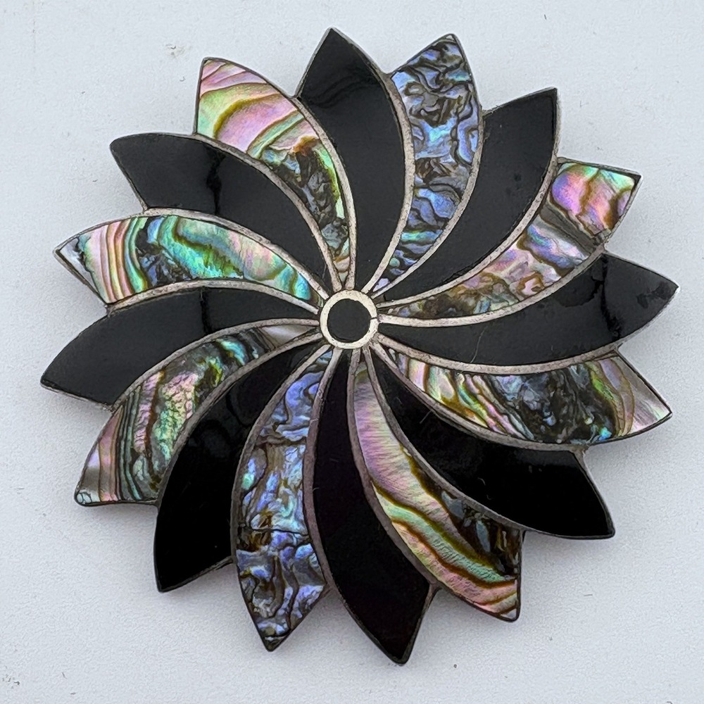 Vintage Mexican Sterling Silver Abalone Onyx Sunburst Pin Brooch Pendant 925